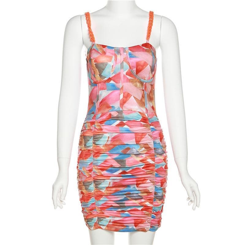 Chain strap ruched print bodycon dress