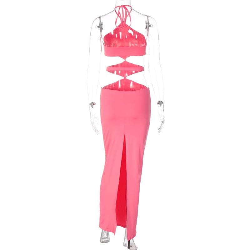 Halter self tie hollow out backless slit maxi dress
