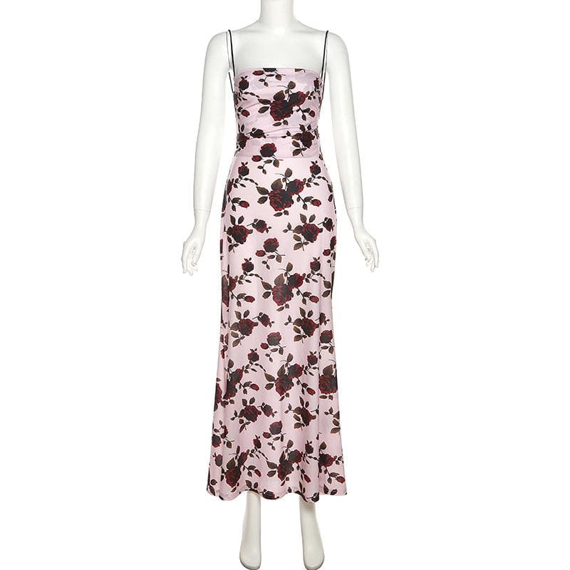 Flower print low cut spaghetti strap contrast lace up backless midi dress