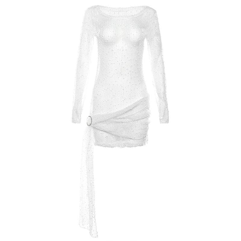 Textured see through o ring irregular long sleeve ruched mini dress