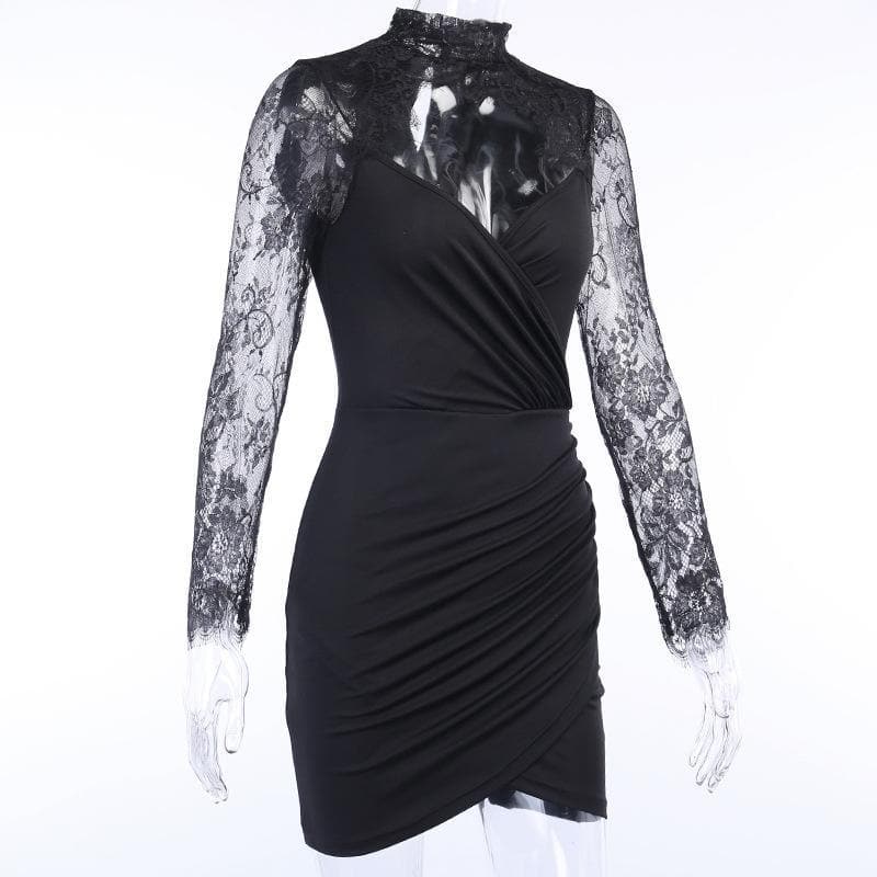 Hem lace low-cut high neck ruched midi dress