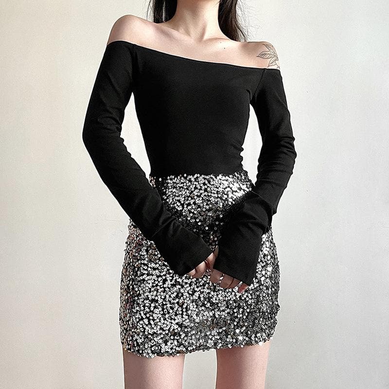 Glitter patchwork off shoulder gloves mini dress