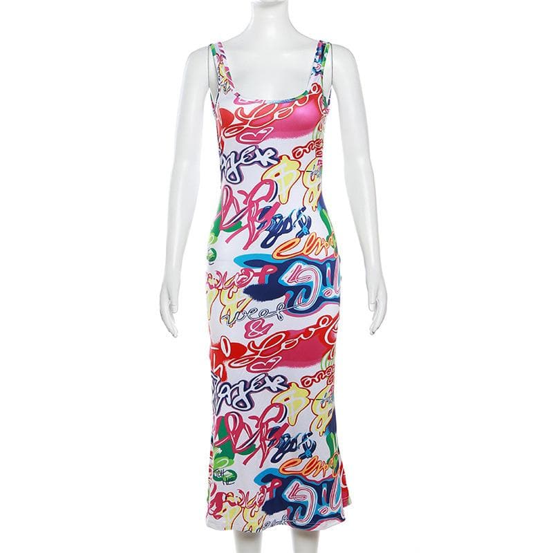 Contrast print square neck sleeveless slit backless midi dress