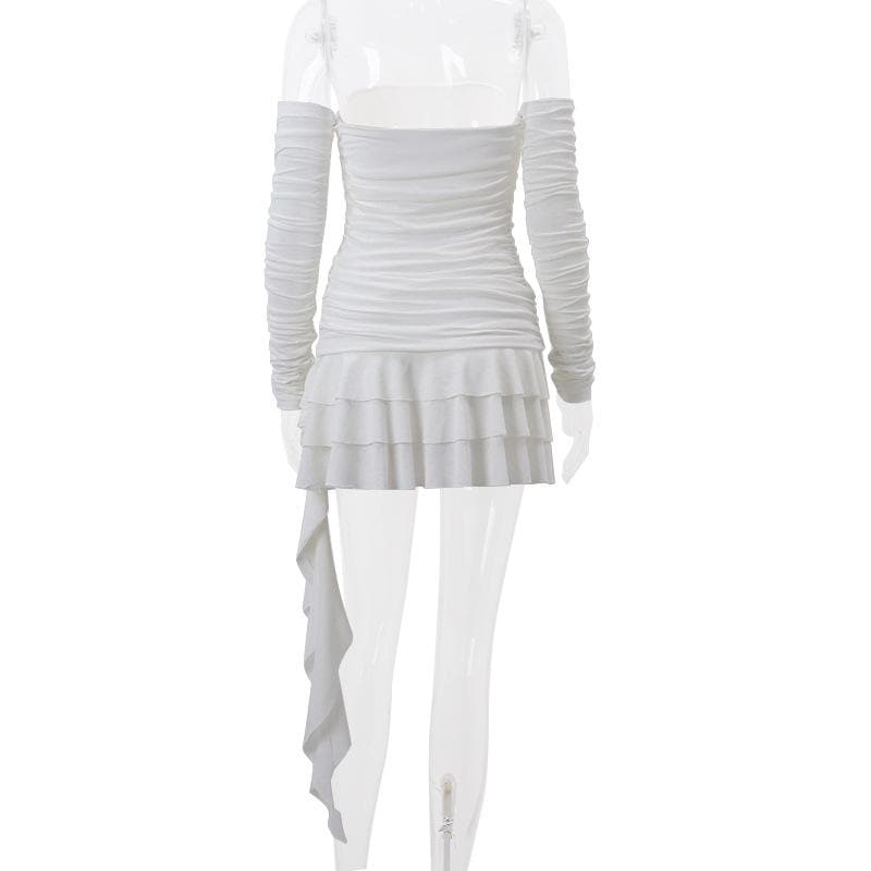 Long sleeve off shoulder ruched bowknot backless ruffle mini dress