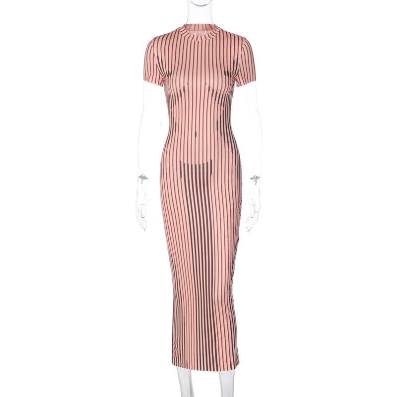 Crewneck body pattern short sleeve striped contrast midi dress