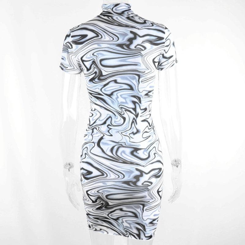 Ripple print contrast high neck short sleeve mini dress