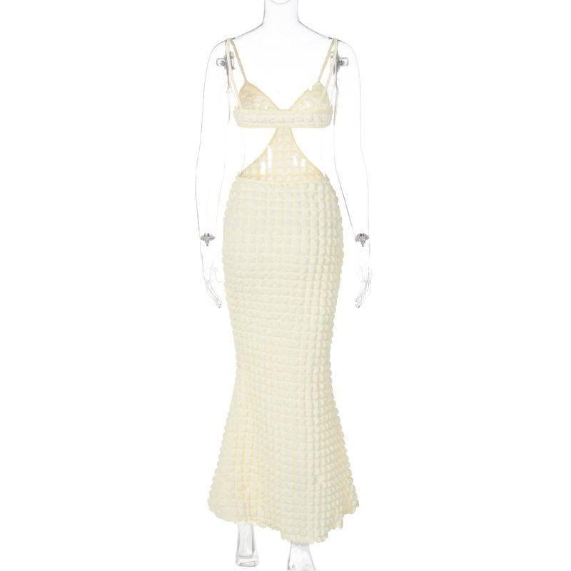 Solid hollow out waffle backless cami midi dress