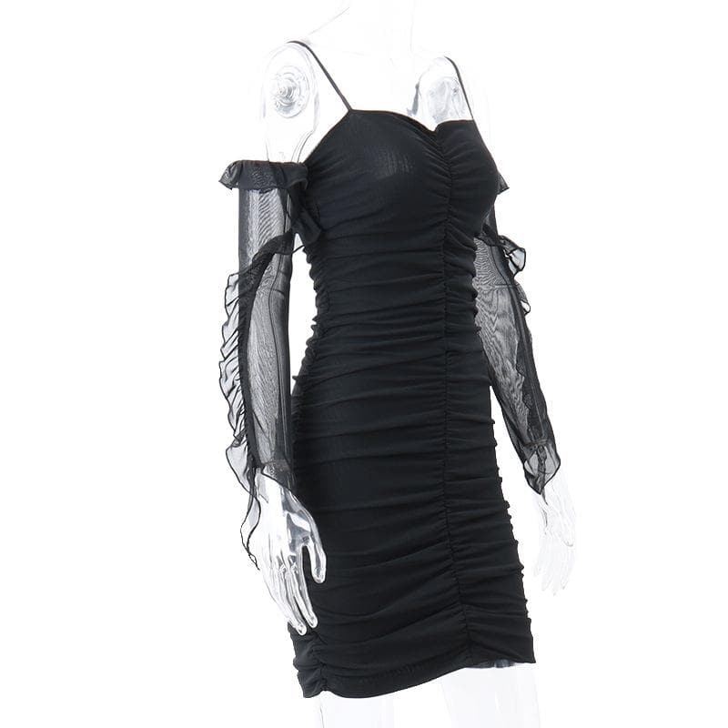 Solid ruched backless ruffle mesh mini dress