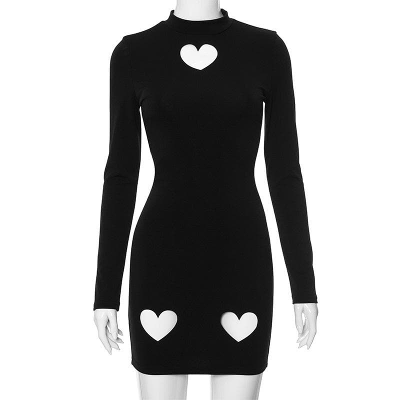 Heart hollow out long sleeve solid high neck mini dress