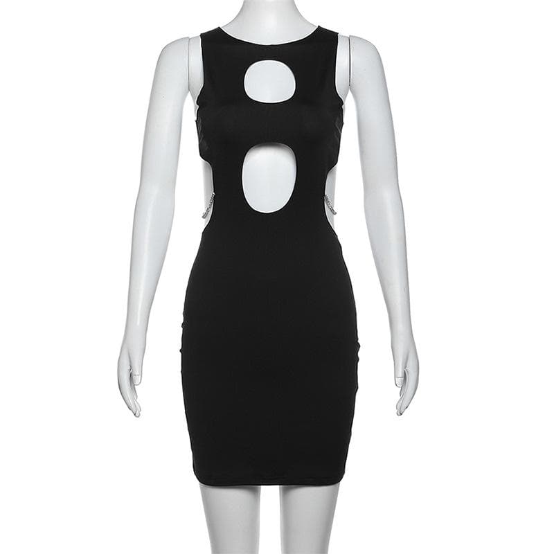 Hollow out sleeveless metal chain solid mini dress