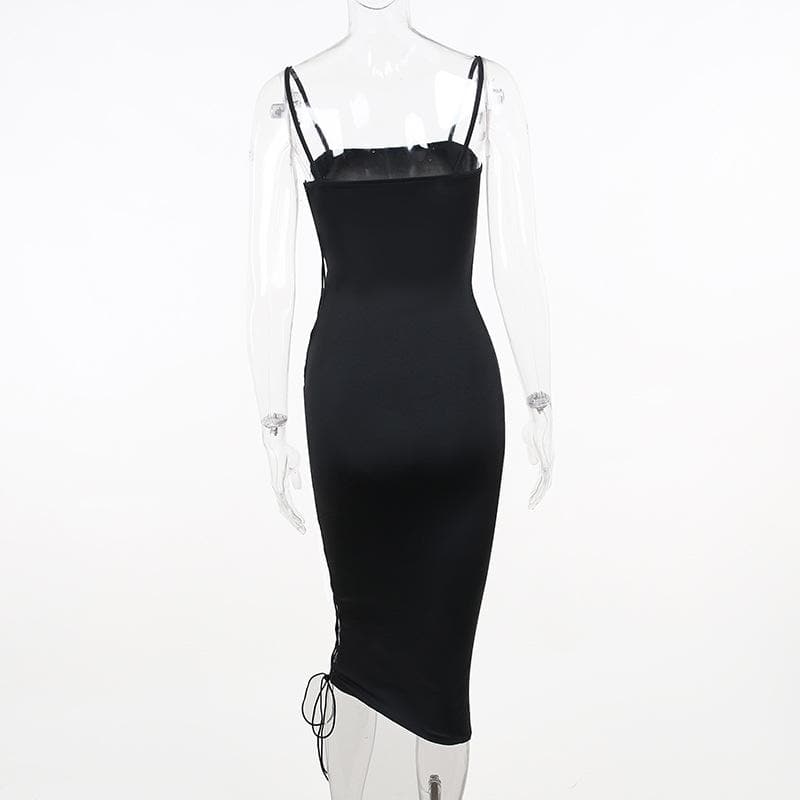 Lace up solid irregular backless square neck midi dress
