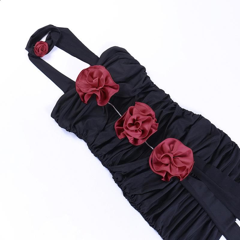 Flower applique hollow out ruched contrast tube mini dress