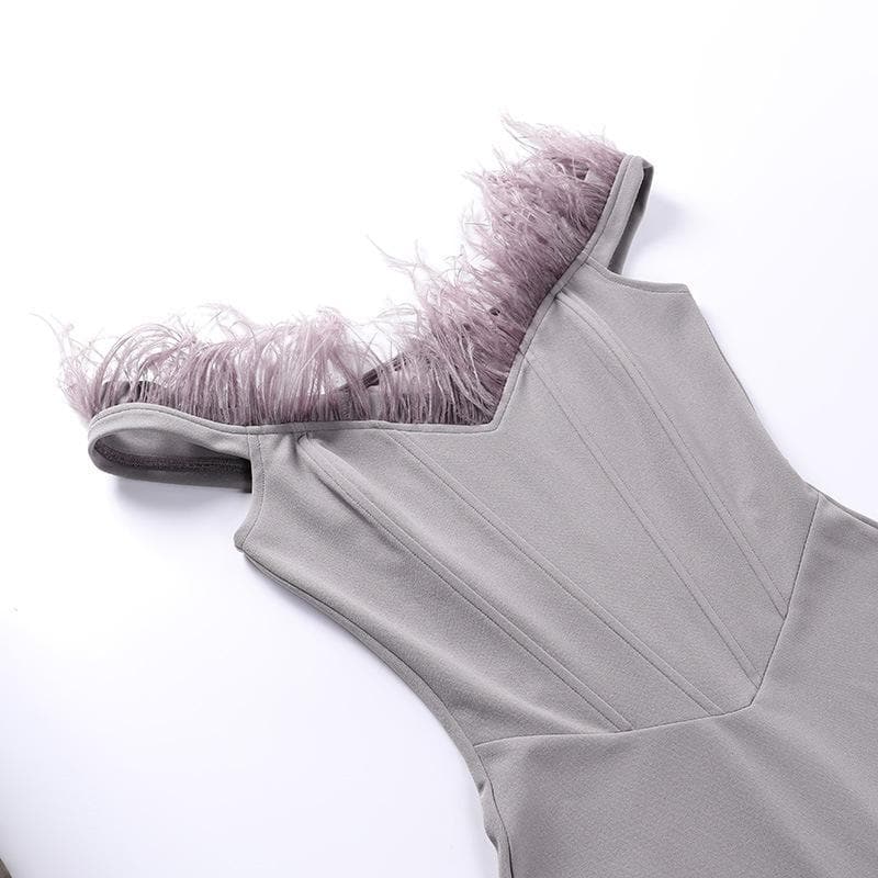 Feather backless zip-up off shoulder corset mini dress