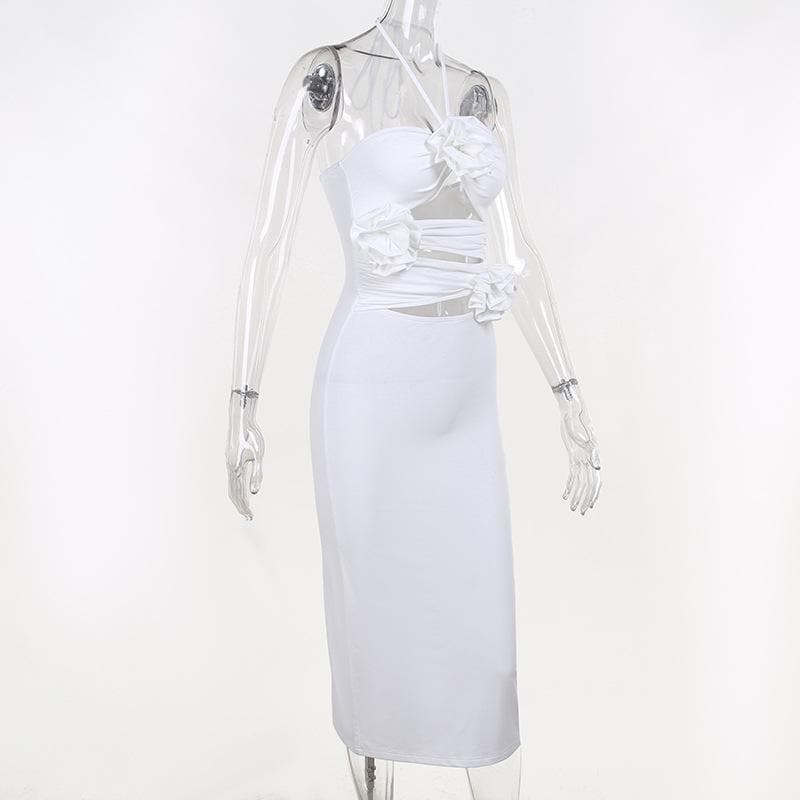 Solid halter slit ruched hollow out flower applique midi dress