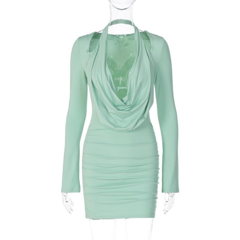 Long sleeve cowl neck halter solid mini dress