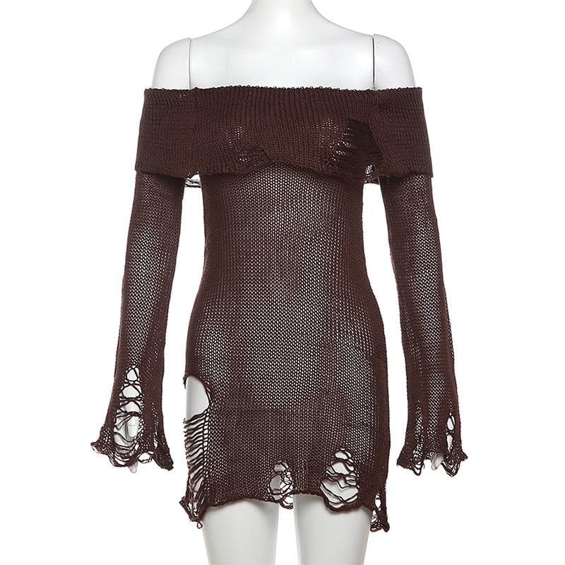 Long flared sleeve off shoulder hollow out see through knitted mini dress