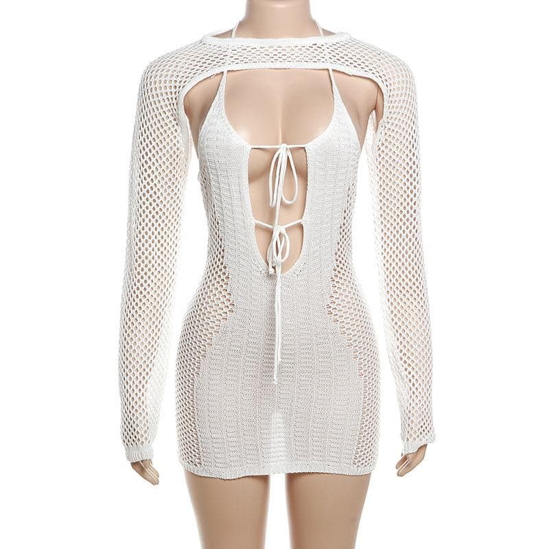 Fishnet hollow out solid long sleeve backless shrug mini dress
