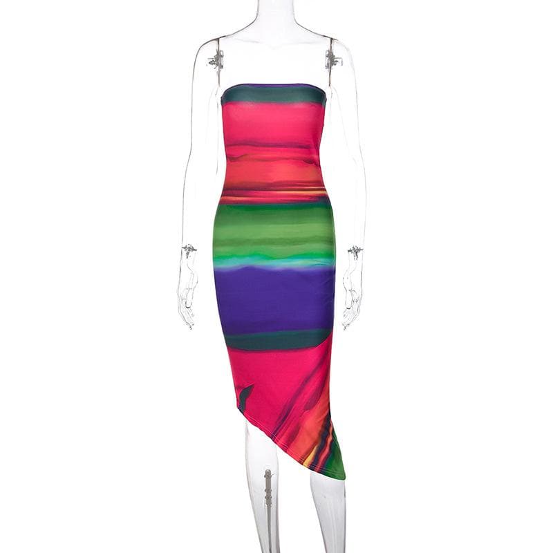 Contrast irregular backless tube midi dress