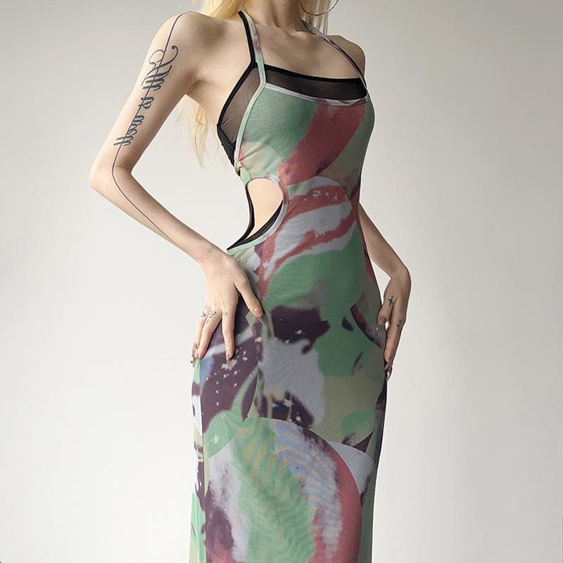 Halter self tie contrast print sheer mesh backless hollow out maxi dress