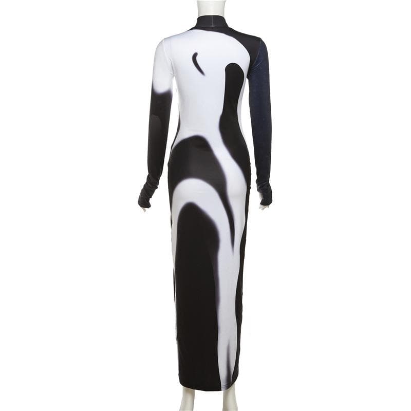 Long sleeve contrast gloves crewneck abstract midi dress