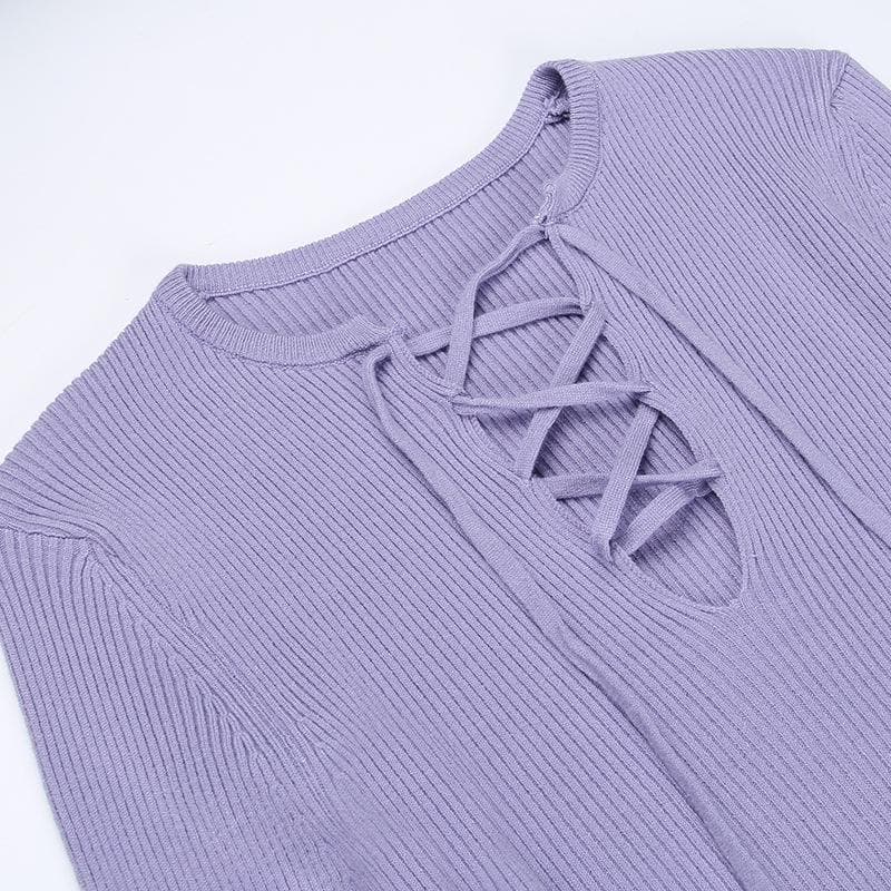 Lace up solid ribbed long sleeve notch neck mini dress