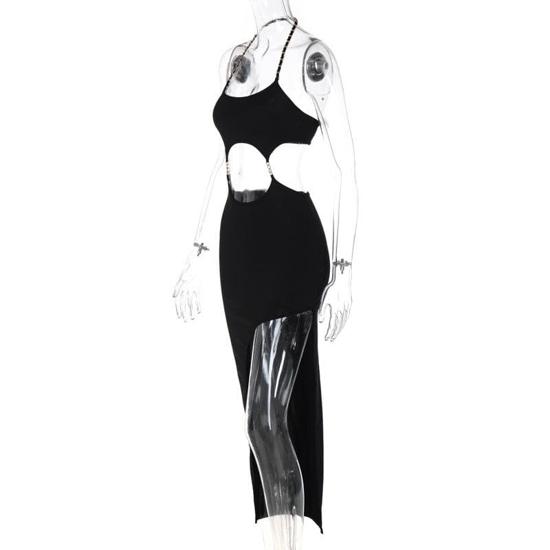 Metal chain halter backless hollow out slit solid midi dress