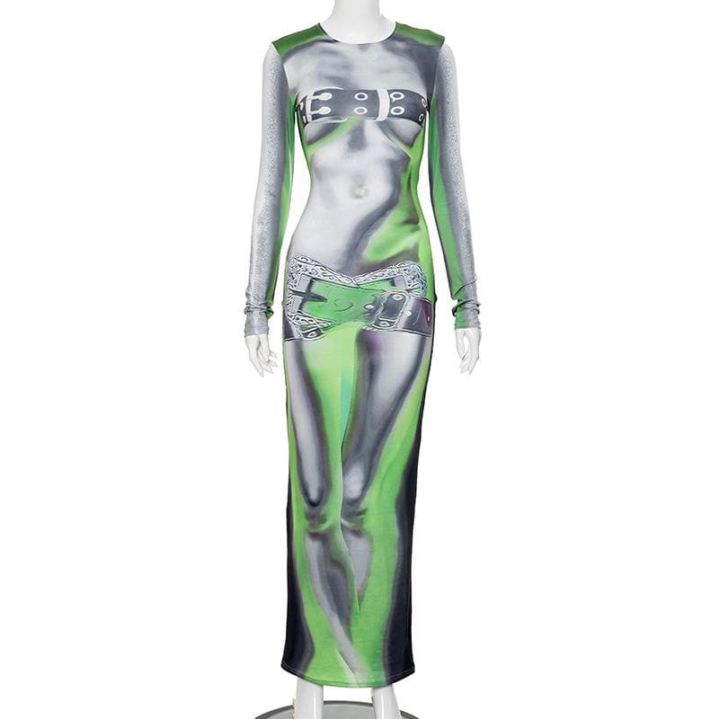 Long sleeve body print crewneck abstract contrast maxi dress
