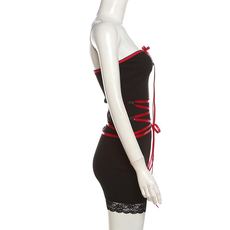 Lace up contrast lace hem bowknot backless tube mini dress