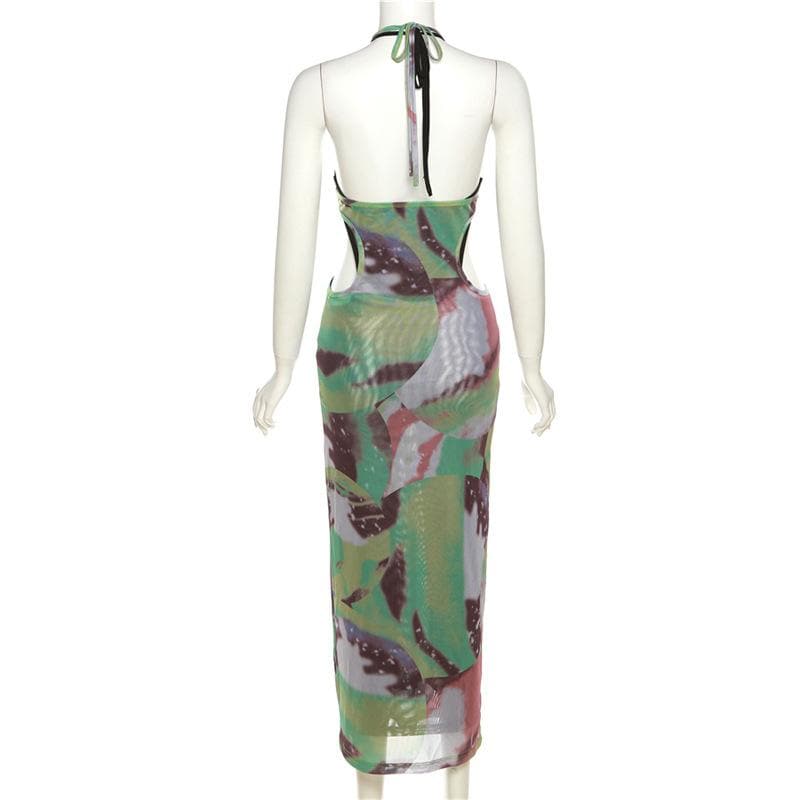 Halter self tie contrast print sheer mesh backless hollow out maxi dress