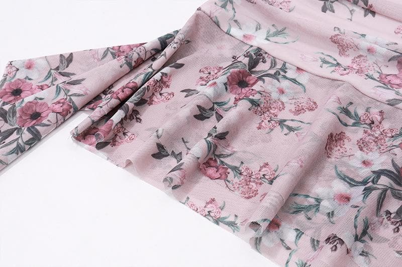 Halter hollow out lace hem flower print gloves mini dress