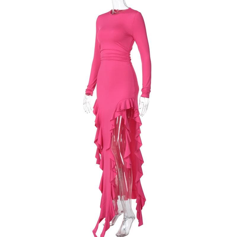 Long sleeve crewneck ruffle slit solid ruched maxi dress