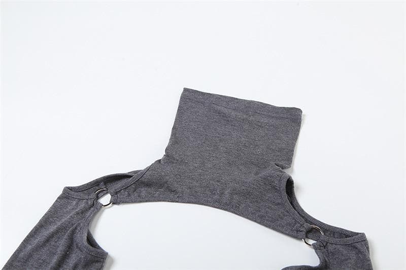 Lace up hollow out turtle neck irregular drawstring shrug mini dress
