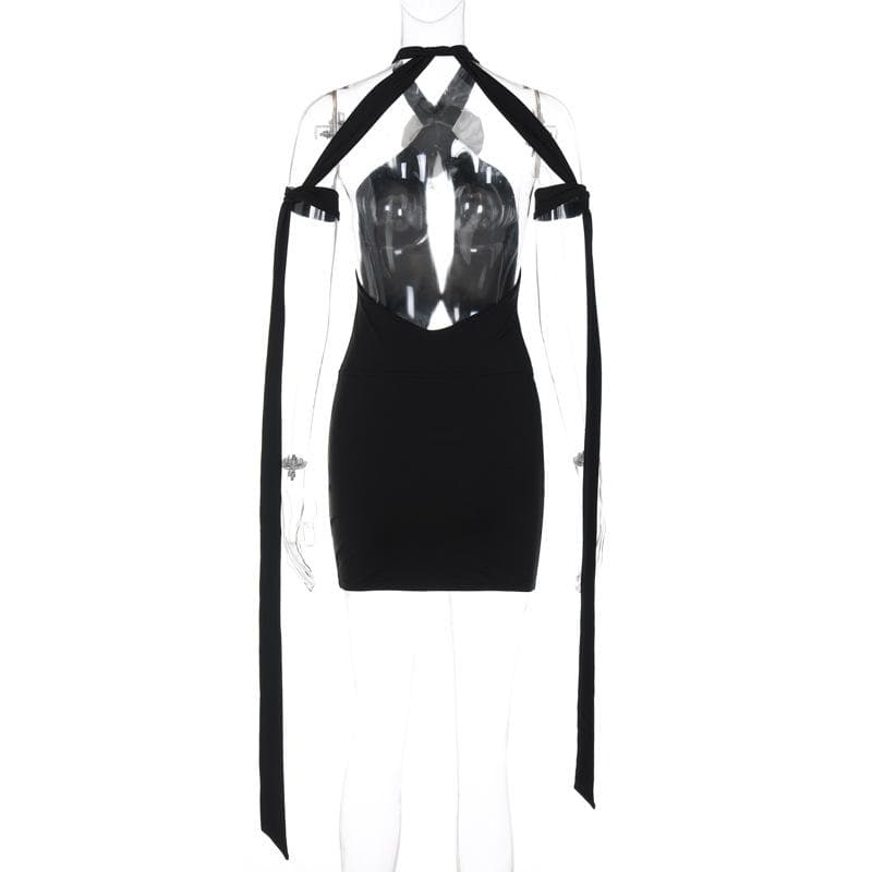Flower applique contrast self tie halter backless hollow out mini dress