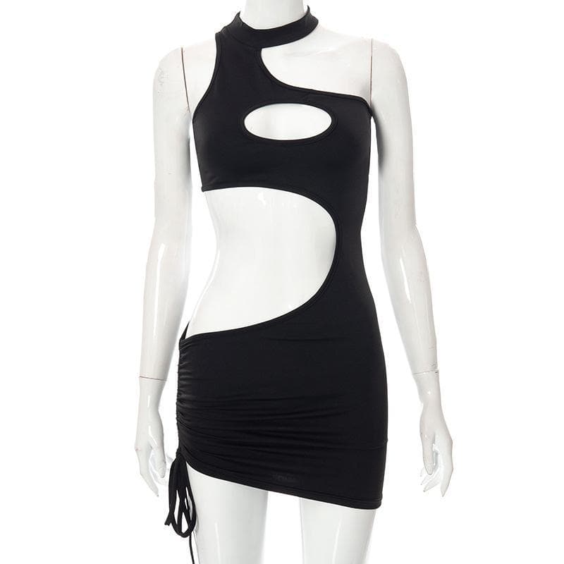 Hollow out irregular solid ruched dress