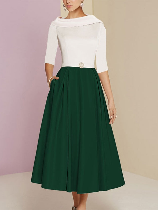 A-Line/Princess Jewel Neck Half Sleeve Tea-Length Mother of the Bride Dresses with Pockets Pleats - View 4 | FashionDia