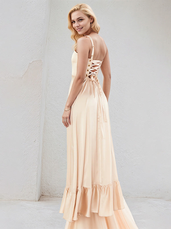A-Line Champagne Satin Square Neck Sleeveless Floor-Length Dress With High Slit - View 3 | FashionDia