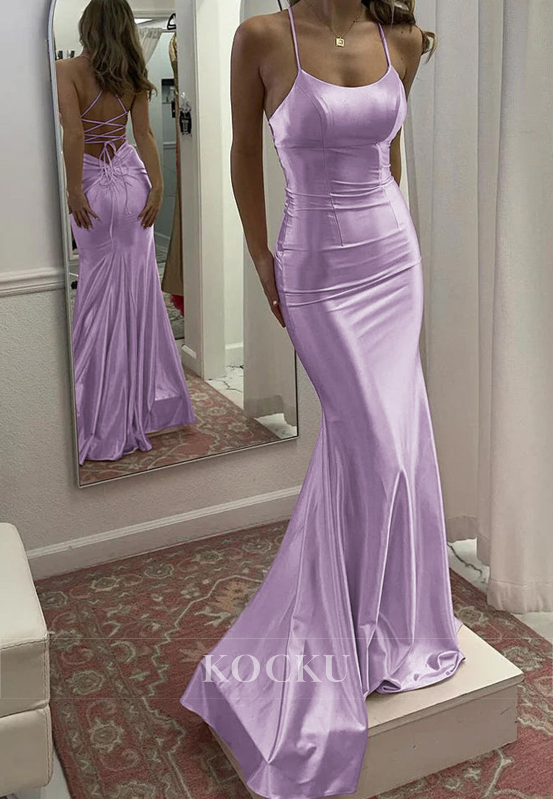 Colorful Spaghetti Straps Scoop Neck Mermaid Satin Evening Party Gowns with Train