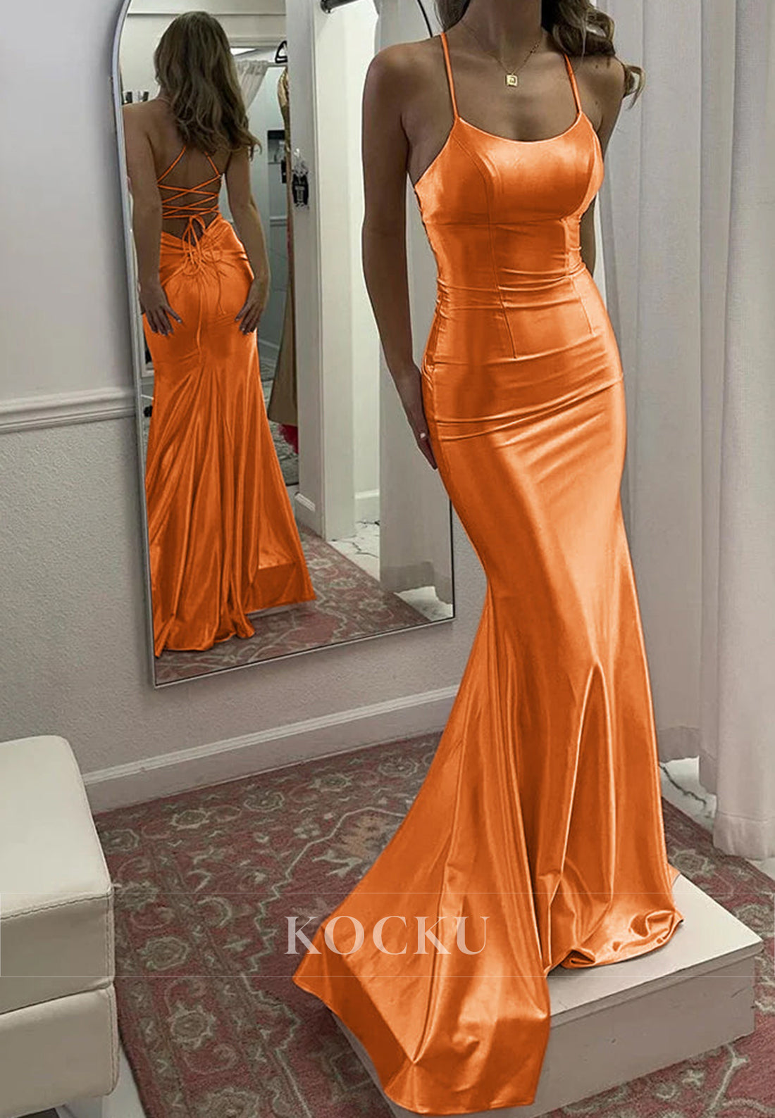 Colorful Spaghetti Straps Scoop Neck Mermaid Satin Evening Party Gowns with Train