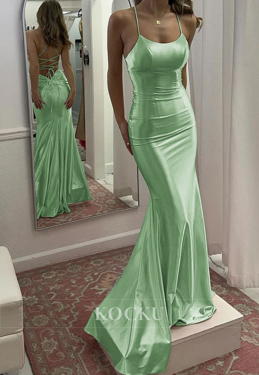 Colorful Spaghetti Straps Scoop Neck Mermaid Satin Evening Party Gowns with Train