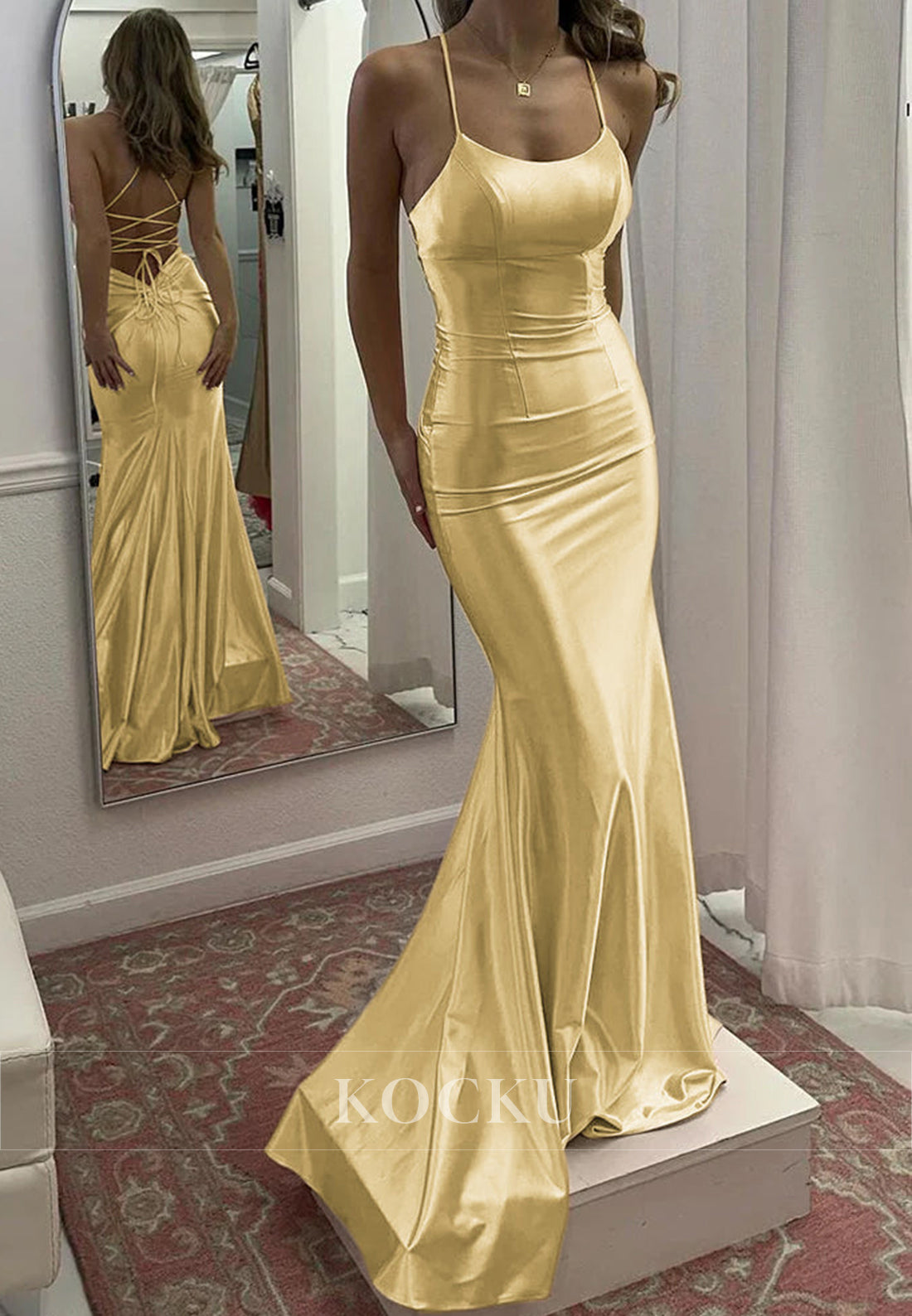 Colorful Spaghetti Straps Scoop Neck Mermaid Satin Evening Party Gowns with Train
