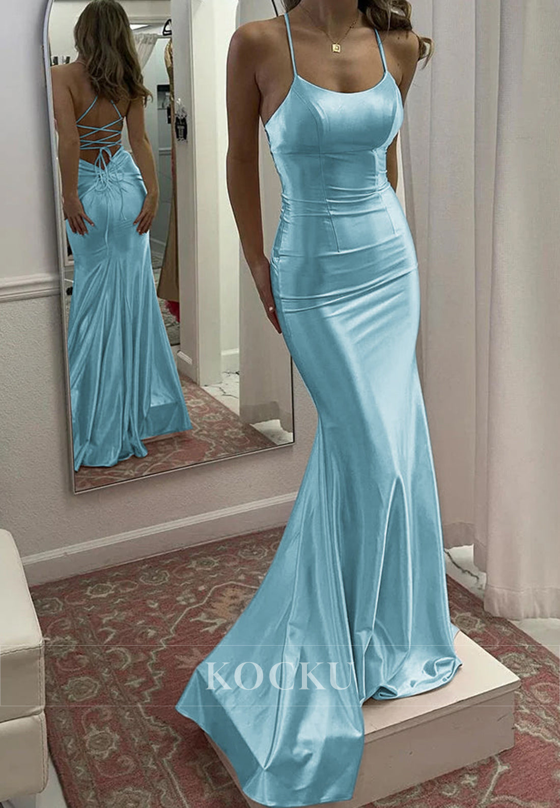 Colorful Spaghetti Straps Scoop Neck Mermaid Satin Evening Party Gowns with Train