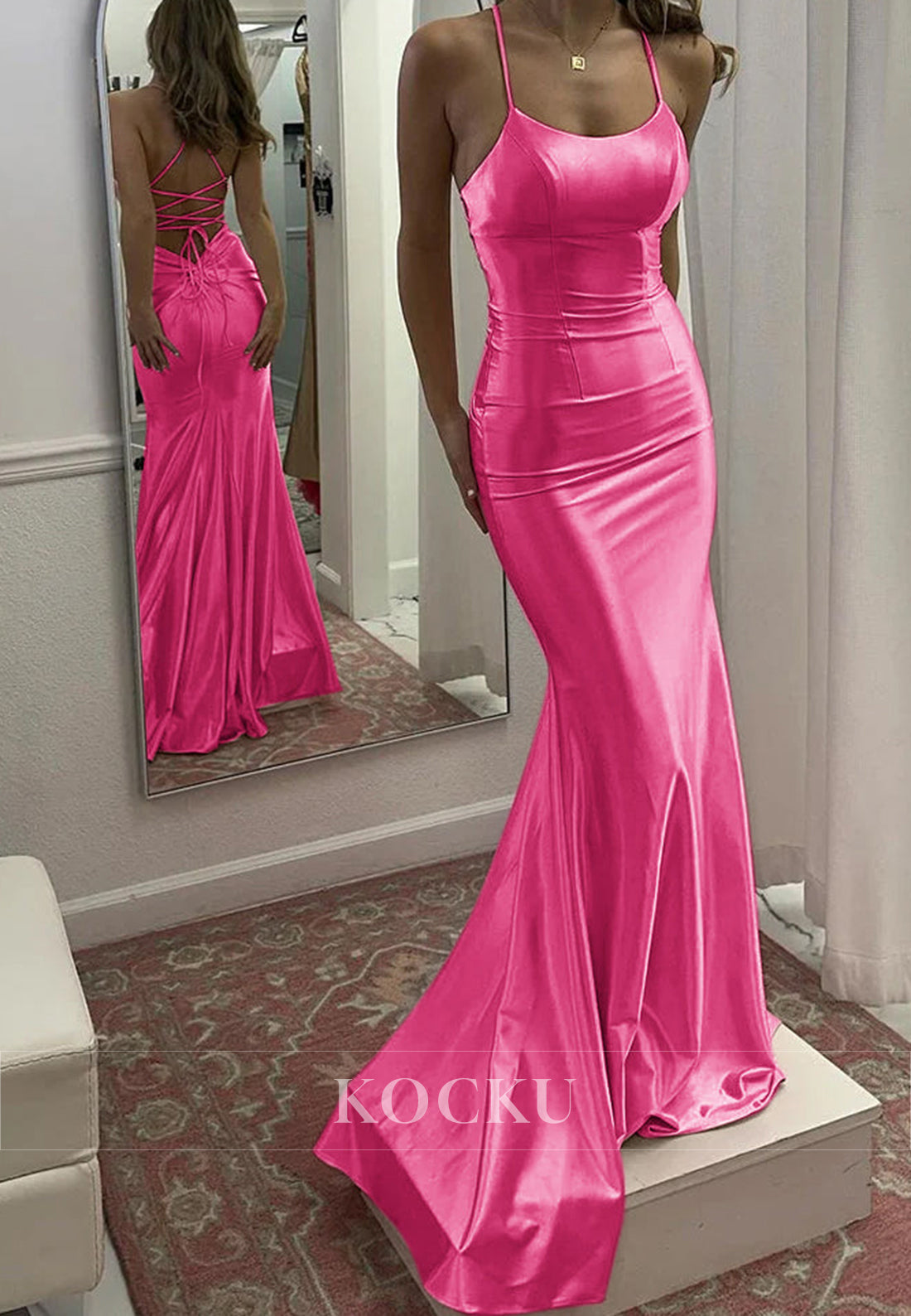 Colorful Spaghetti Straps Scoop Neck Mermaid Satin Evening Party Gowns with Train