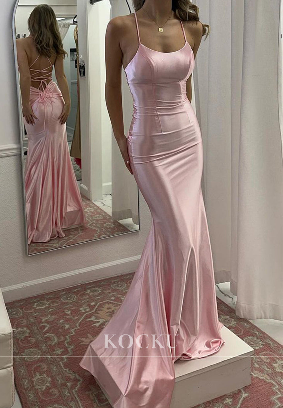 Colorful Spaghetti Straps Scoop Neck Mermaid Satin Evening Party Gowns with Train