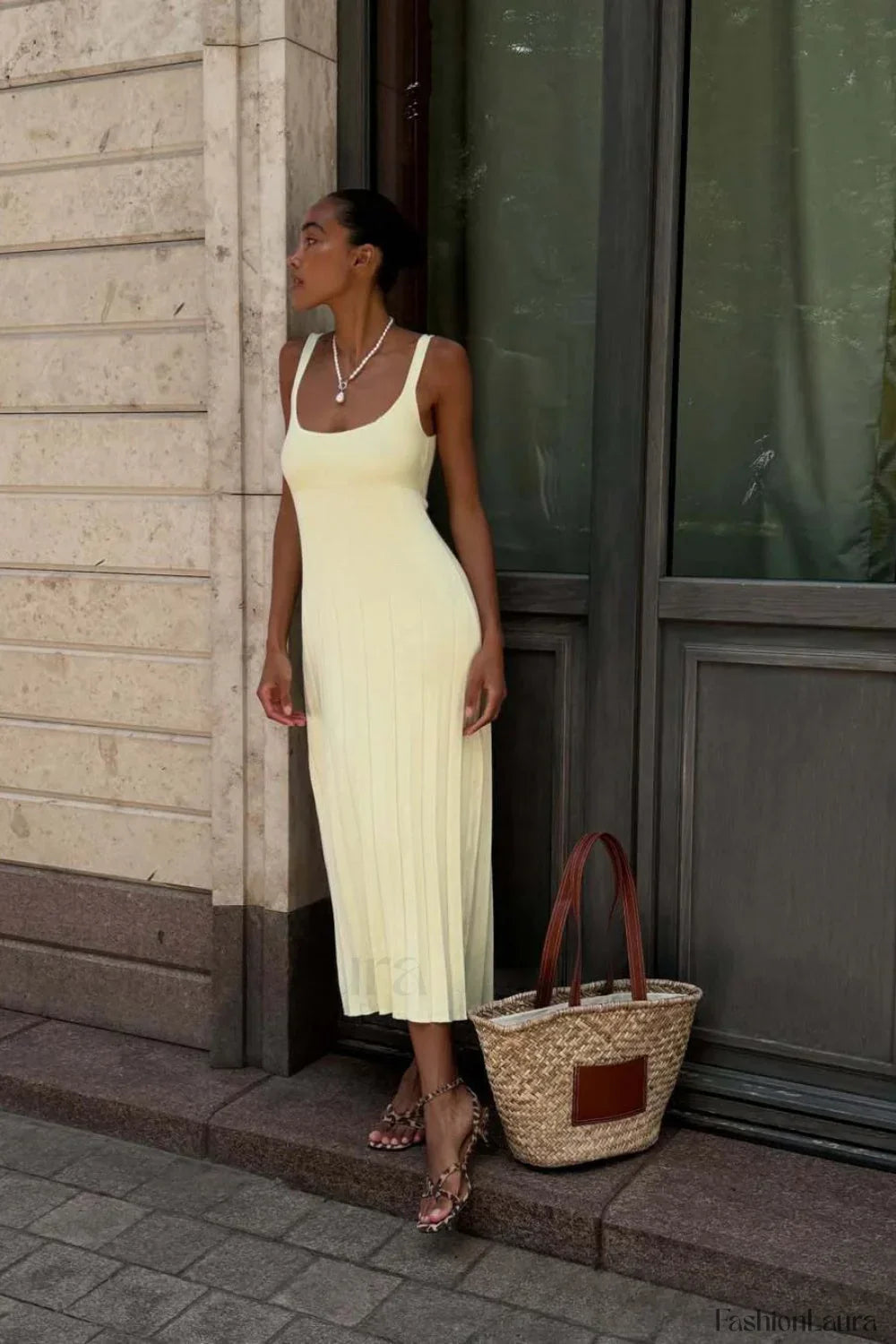 Knitted Sleeveless Halter Minimalist Dress for Boutique Fashion Look