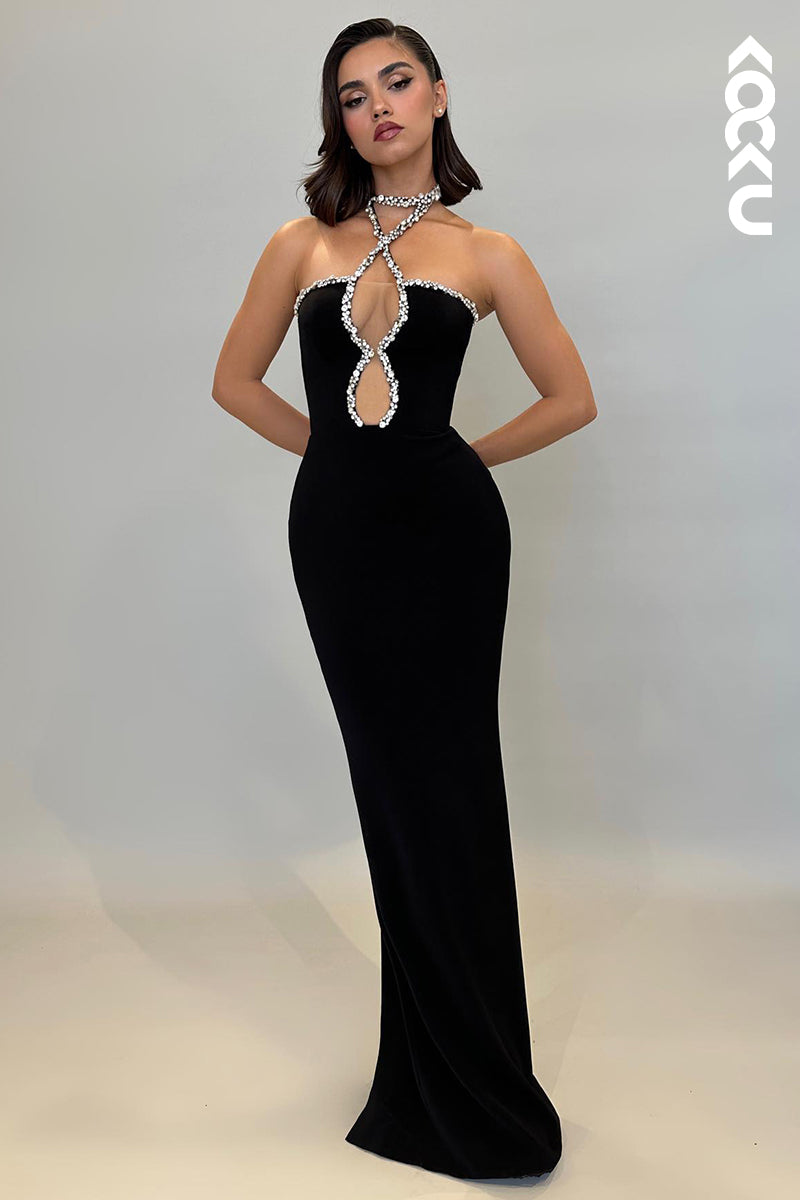 L2179 - Sexy Rhinestone Halter Sleeveless Evening Party Prom Dress