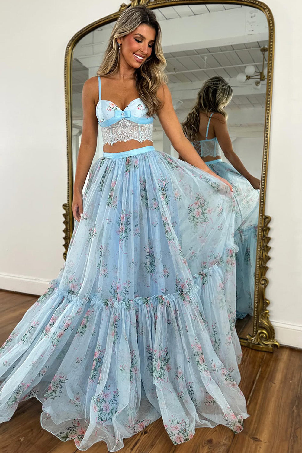 Pretty Two Piece Spaghetti Straps Yellow Long Prom Dress with Lace Ruffles