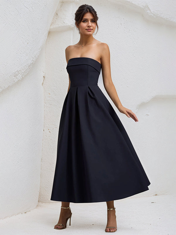 A-Line Black Strapless Sleeveless Ruffles Chiffon Dress - View 4 | FashionDia