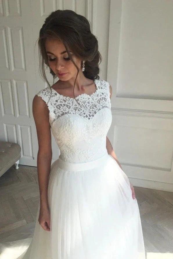 Lace A-line Simple Sleeveless Sash Open-Back Wedding Dresses (ZD16610)