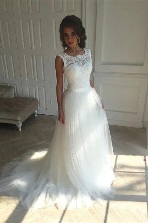 Lace A-line Simple Sleeveless Sash Open-Back Wedding Dresses (ZD16610)