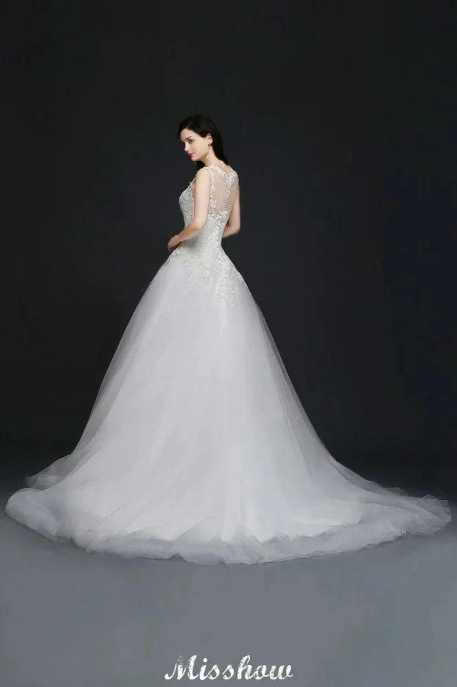 Lace Appliques Scoop Tulle Wedding Dress (ZD13925)